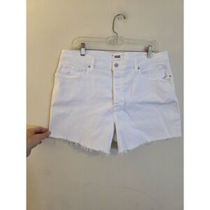Paige Size 32 White Denim Distressed High-Rise Stretch‎ Cut Off Shorts